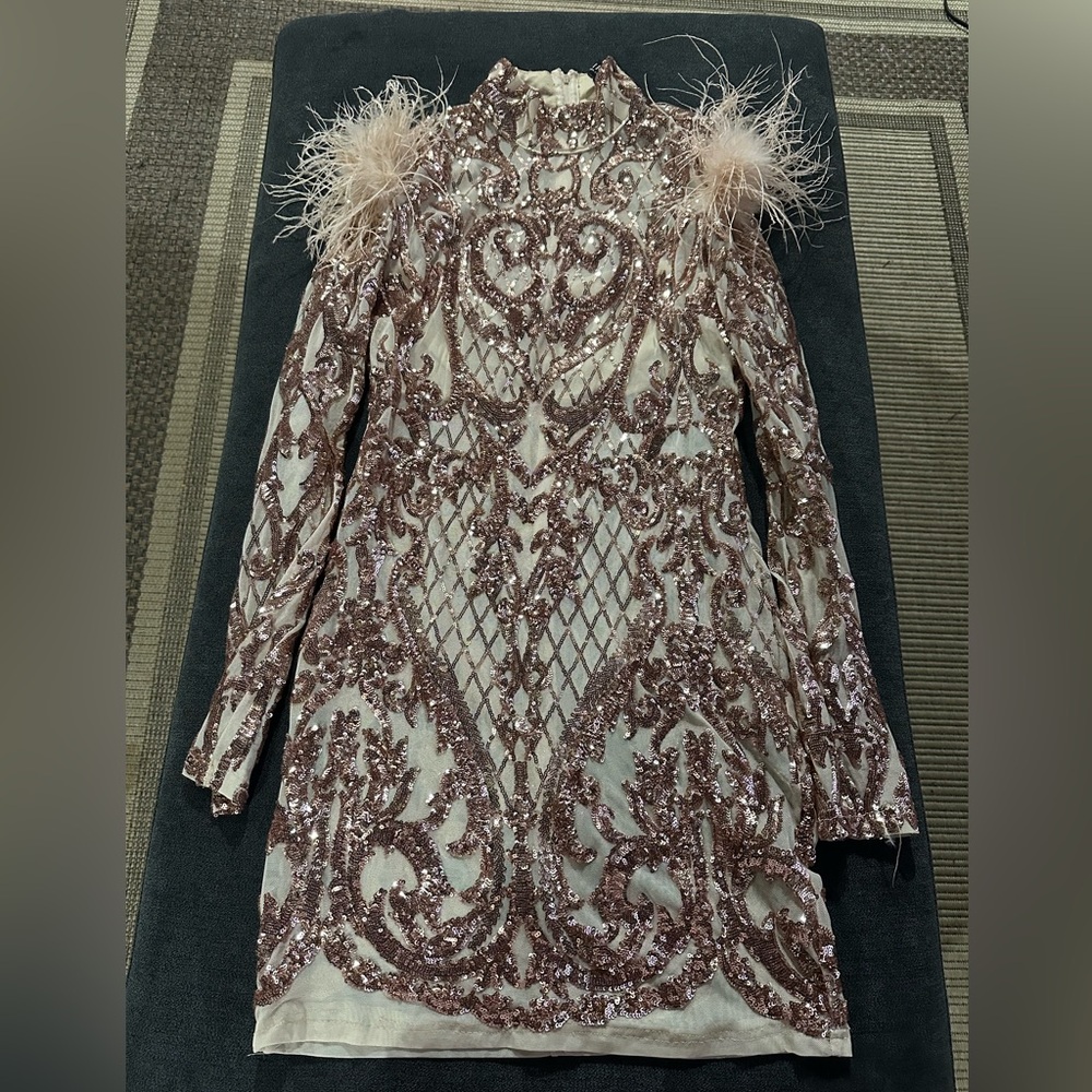 AKIRA Rose Gold  Sequin Feathery Body-Con Dress - Picture 2 of 3